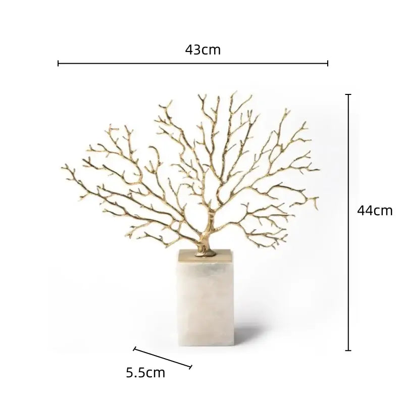Modern gold coral tree sculpture with golden metallic finish on white marble base for living room decorbites coral tree decor