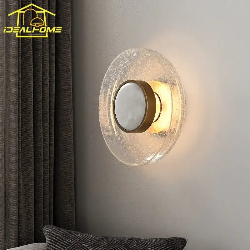 Modern gold cracked glass wall lamp with brass frame and frosted panel for bedroom decorbites cracked glass sconce