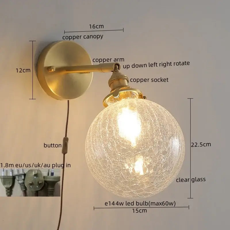 Modern gold crackled glass led wall lights with copper adjustable arm and clear glass globe for bedroom decorbites led wall lighting