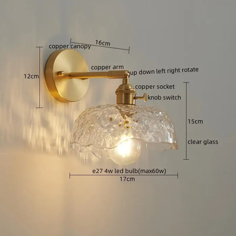 Vintage-style copper wall lights with textured clear glass shade for decorbites led wall bedroom sconce lighting