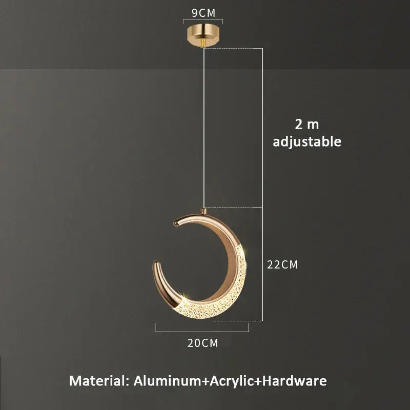 Modern gold crescent pendant light with sparkling acrylic finish and adjustable 2-meter length for dining settings