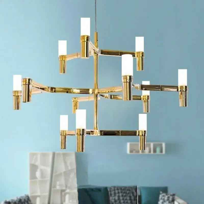 Modern gold crown major chandelier with geometric cross structure and frosted glass shades for elegant foyer decorbites crown major