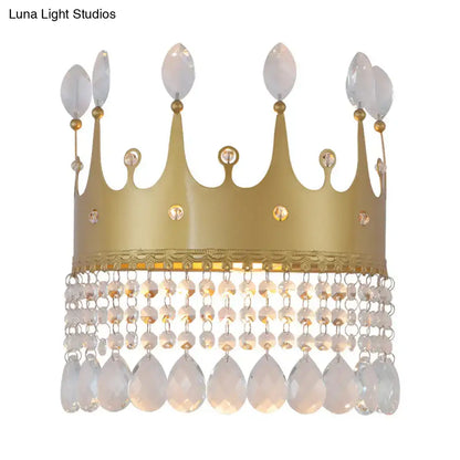 Modern gold crown wall lamp with clear crystal teardrops designed for bedroom use compatible with led incandescent fluorescent 220v-240v 110v-120v