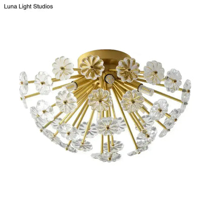 Gold-toned semi flush mount ceiling lamp with crystal bouquet glass elements and brass base, ideal for bedroom lighting