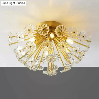 Decorbites modern crystal bouquet gold ceiling lamp with clear glass flower-shaped shades and fixture height details