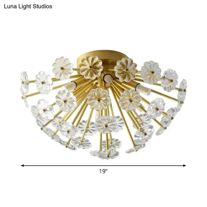 Gold-toned decorbites modern crystal bouquet ceiling lamp with clear flower-shaped glass and fixture height for bedroom lighting