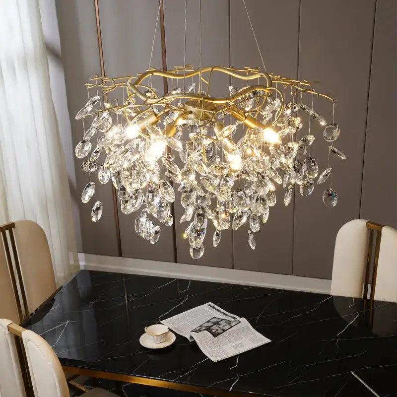 Modern gold crystal branch pendant chandelier with dangling crystal droplets for dining room decorbites crystal branch