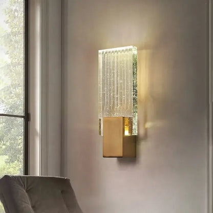 Modern gold crystal brass led wall lamp with rectangular translucent glass and fiber optic lines for luxury decorbites decor