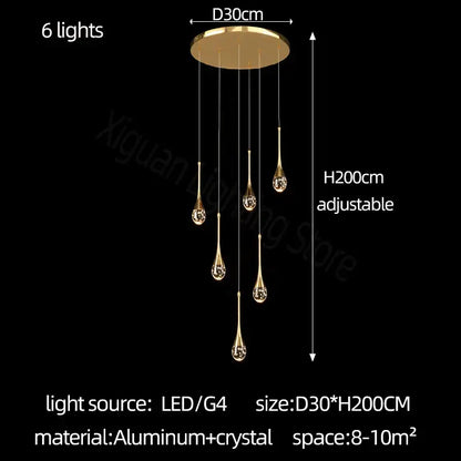 Modern gold crystal bubble chandelier with six teardrop-shaped crystal lights suspended from aluminum base
