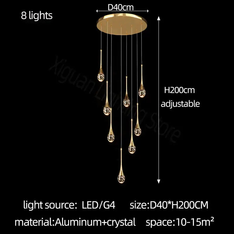 Modern gold decorbites crystal bubble chandelier with eight teardrop-shaped crystal pendants for dining room lighting