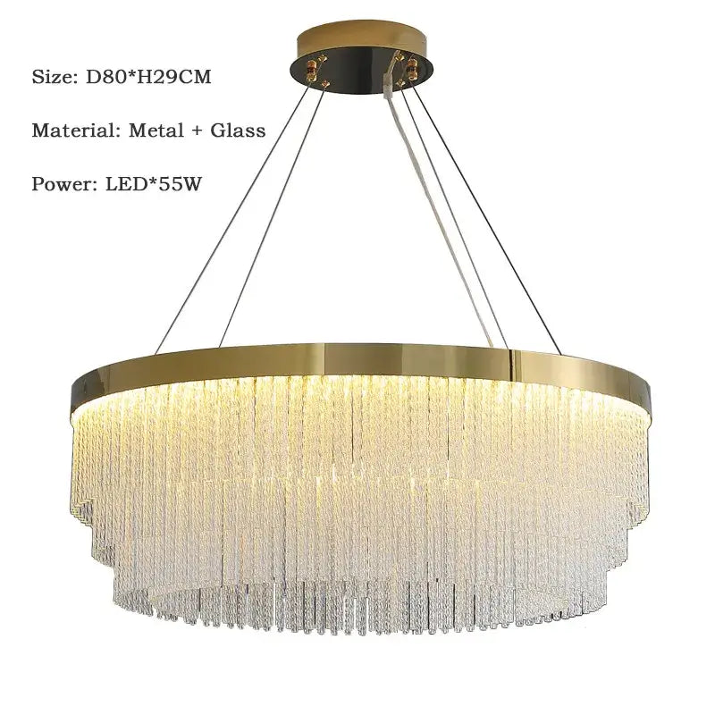 Modern gold crystal ceiling chandelier pendant light featuring cascading crystal strands and a sleek metal frame