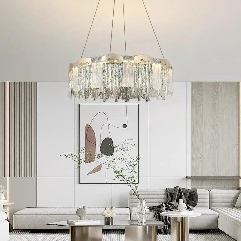 Modern gold crystal ceiling chandelier with cascading prisms and sleek metallic frame for dining room decorbites crystal ceiling