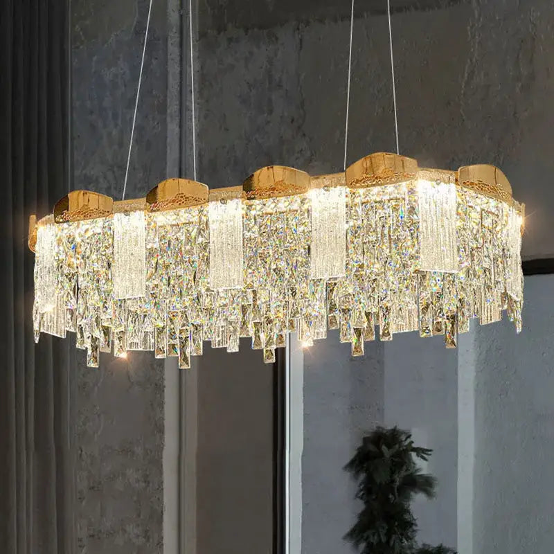 Modern gold crystal ceiling chandelier with cascading prisms and led lights for dining room decorbites crystal ceiling chandelier