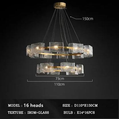 Modern gold crystal ceiling chandelier with two-tiered textured glass cubes and 16 illuminated bulbs by decorbites crystal ceiling