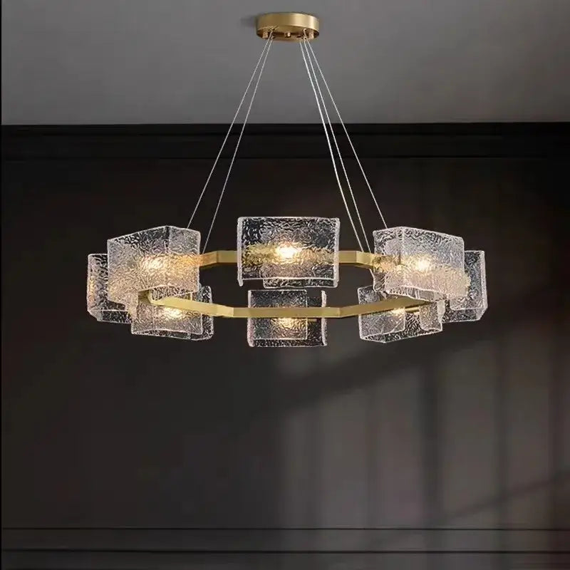 Modern gold crystal ceiling chandelier with textured translucent glass cubes by decorbites for living room decorbites crystal ceiling