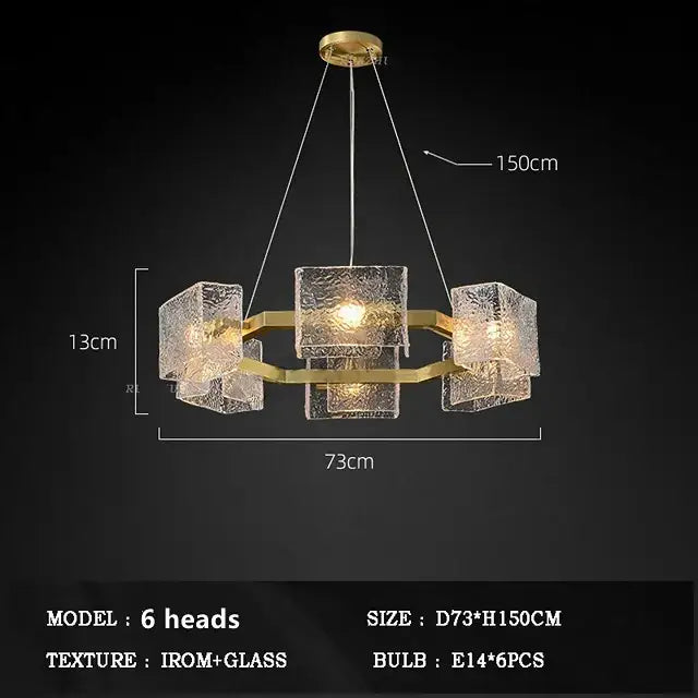 Modern gold decorbites crystal ceiling chandelier with six textured glass cube shades for living room lighting