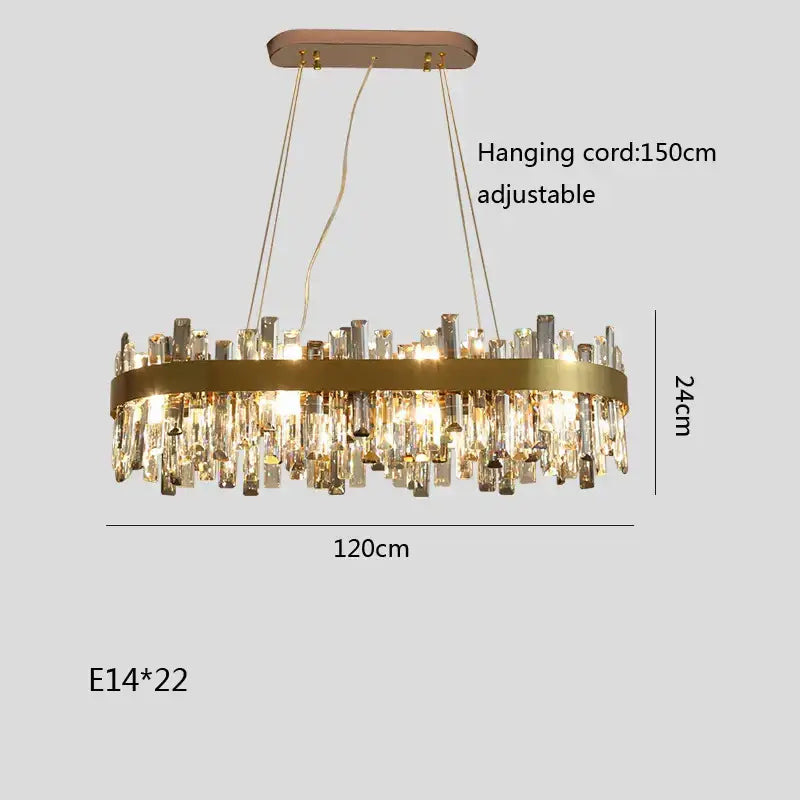 Modern gold crystal ceiling chandelier with circular frame and cascading clear crystal prisms for living room decorbites crystal ceiling