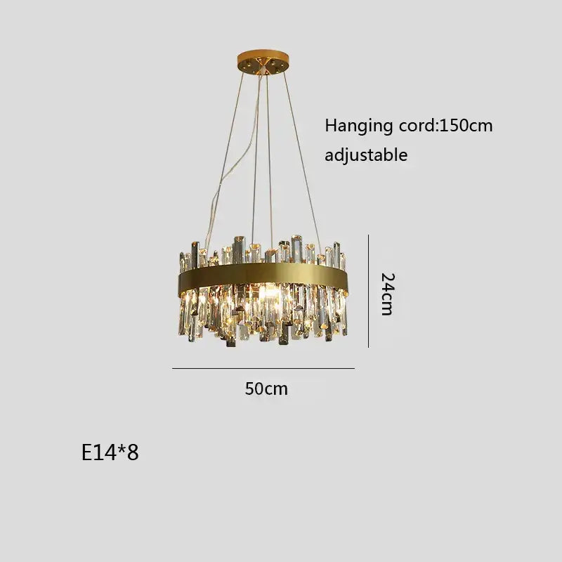 Modern gold crystal ceiling chandelier with circular frame and eight e14 bulbs by decorbites for living room decorbites crystal ceiling