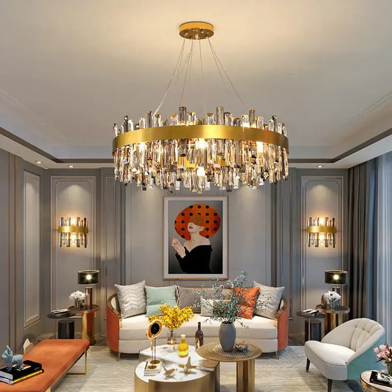 Modern gold crystal ceiling chandelier with cascading crystal droplets perfect for elegant living room decorbites crystal ceiling