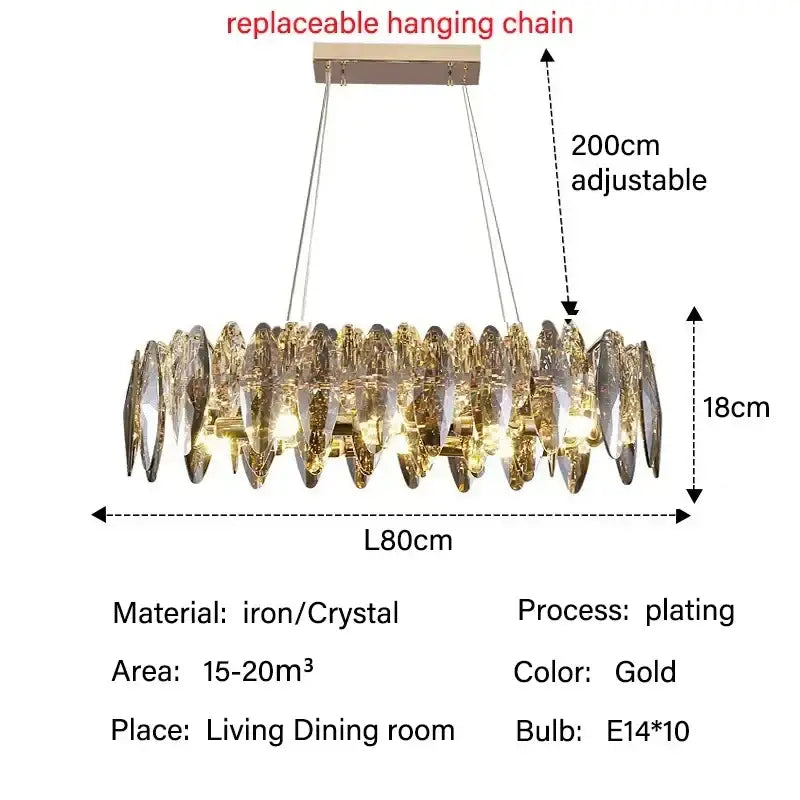 Modern gold crystal ceiling chandelier with leaf-like crystal shades and replaceable hanging chain by decorbites crystal ceiling