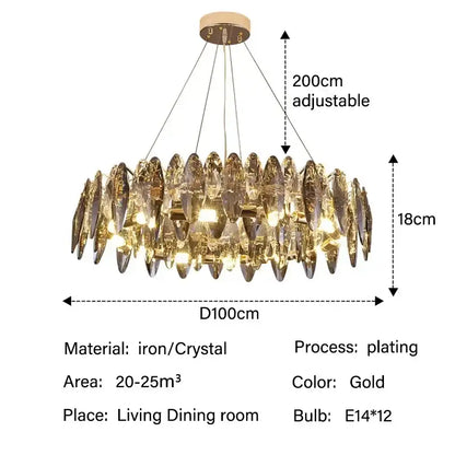 Modern gold crystal ceiling chandelier with circular crystal leaves 200cm height 100cm diameter decorbites crystal ceiling