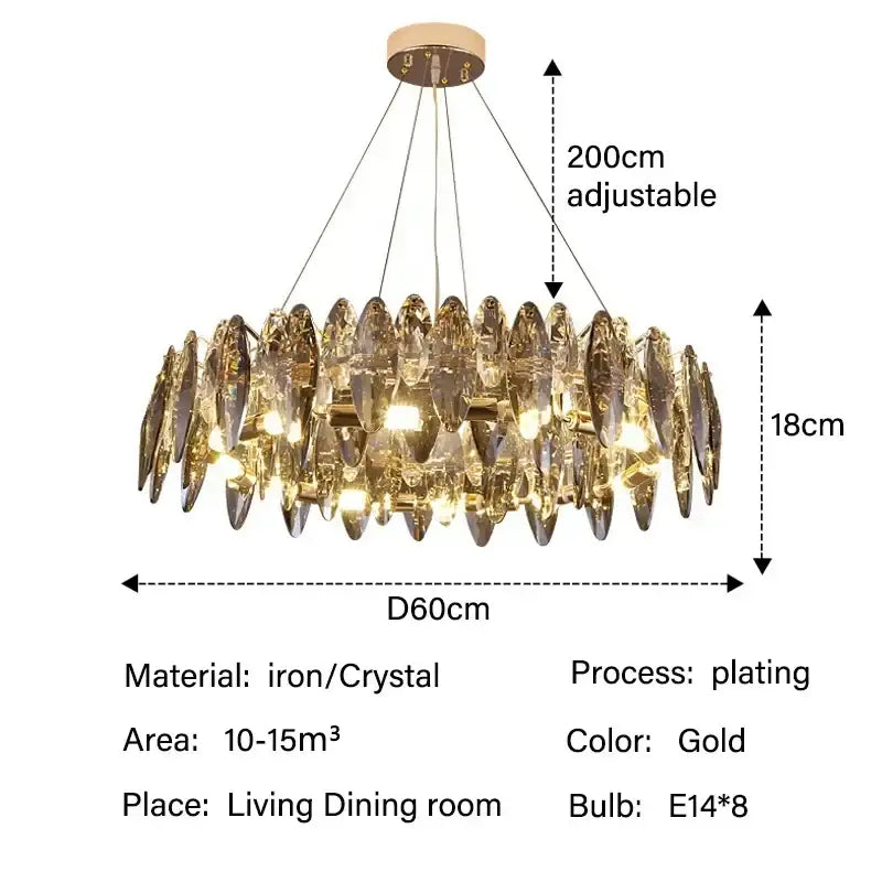 Modern gold crystal ceiling chandelier with leaf-like crystal shades and adjustable mount by decorbites crystal ceiling