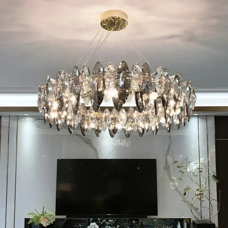 Modern gold crystal ceiling chandelier with two-tiered design and leaf pendant by decorbites crystal ceiling collection