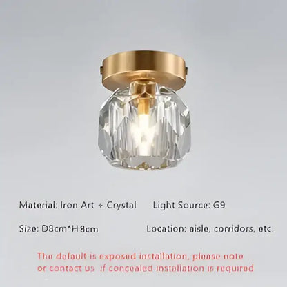 Modern gold crystal ceiling light with faceted globe and iron art base ideal for bedroom crystal ceiling lights