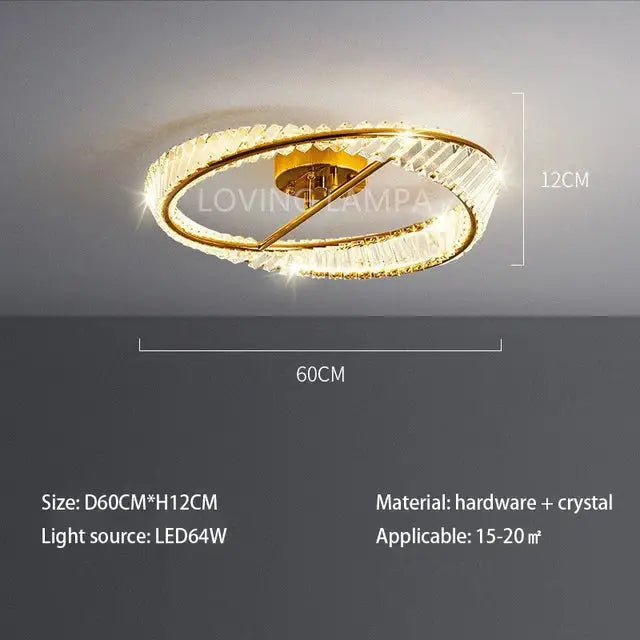 Modern gold crystal ceiling pendant light with two concentric rings and faceted crystals for living room use