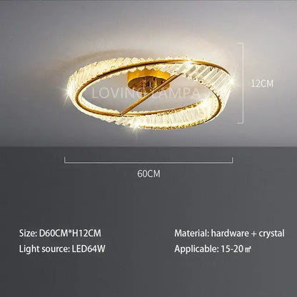 Modern gold crystal ceiling pendant light with two concentric rings and faceted crystals for living room use