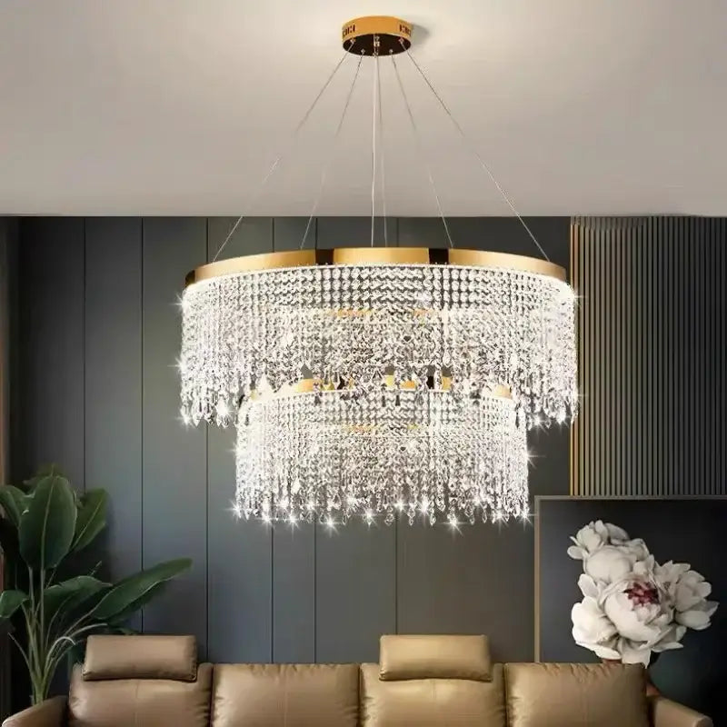 Modern gold crystal chandelier with multi-tiered clear crystals and gold frame lighting fixture for dining room decorbites crystal chandelier