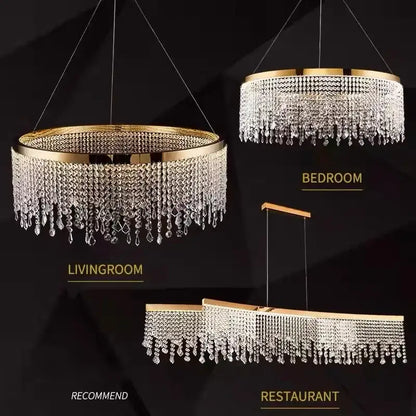 Modern gold crystal chandelier lighting fixture with cascading clear crystal droplets for living room or restaurant decorbites crystal chandelier