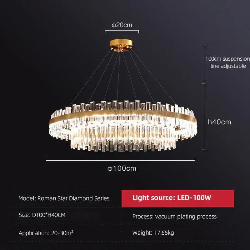 Modern gold crystal chandelier lighting fixture with circular design and clear prisms for dining room decorbites circular