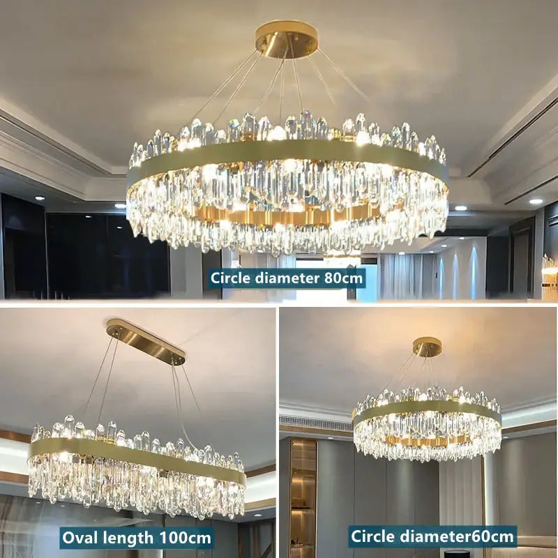 Modern gold crystal circle ceiling chandelier with cascading clear crystal droplets for elegant dining room decorbites crystal circle