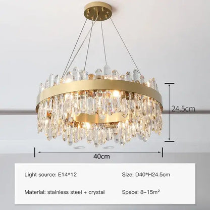 Modern gold crystal circle ceiling chandelier with cascading crystal droplets and stainless steel frame for dining room decorbites crystal circle