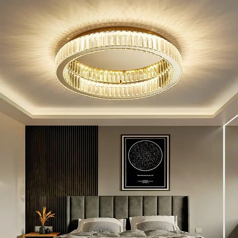 Modern gold crystal circle chandelier featuring two concentric rings of faceted crystals for elegant living room decorbites decor