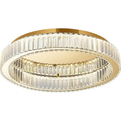 Modern gold crystal circle chandelier with double-ring metal frame and clear faceted crystal bars for living room decorbites crystal circle