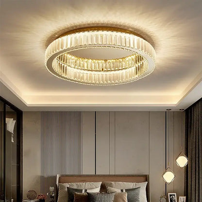 Modern gold crystal circle chandelier with two concentric rings of clear rods in metal frame for living room decorbites crystal circle