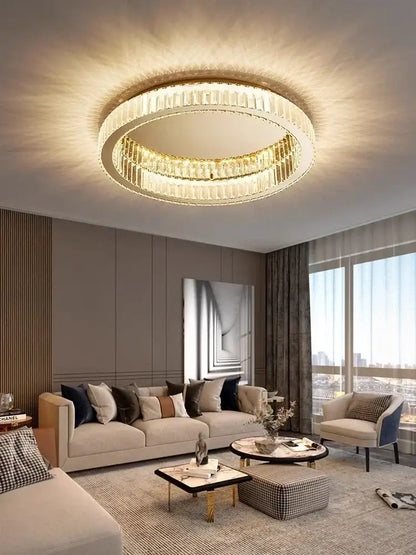 Modern gold crystal circle led chandelier with two concentric faceted crystal rings in a gold frame for living room decorbites crystal circle ceiling light