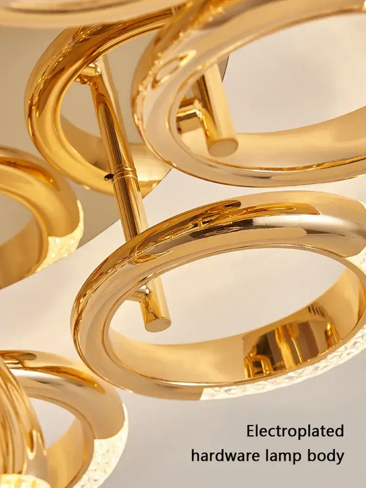 Modern gold crystal circle ring led ceiling light featuring a gold electroplated circular ring chandelier with polished finish