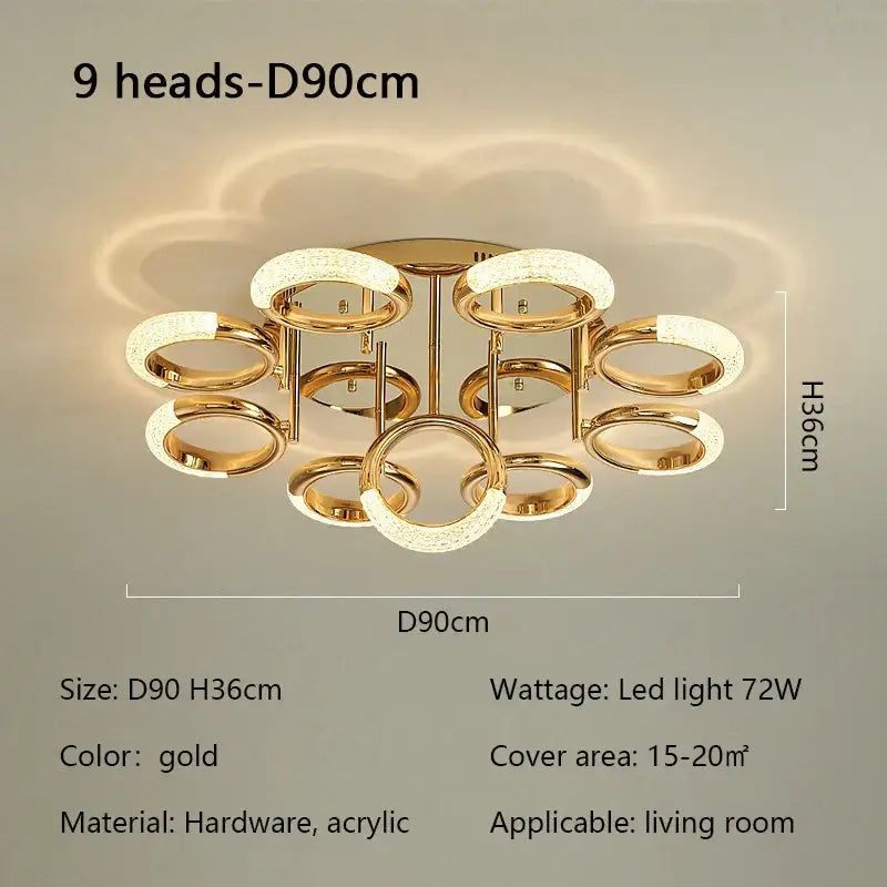 Modern gold crystal circle ring led ceiling light with nine circular led heads made of hardware and acrylic for bedroom use