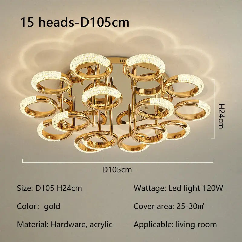 Modern gold ceiling light with 15 circle ring led heads made of hardware and acrylic for bedroom lighting