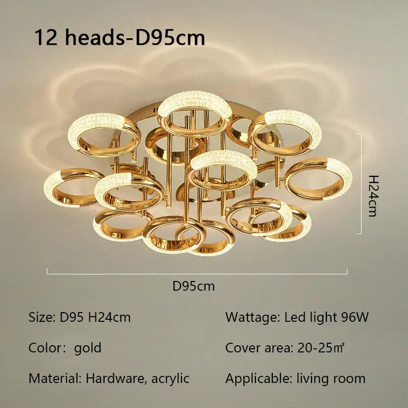 Modern gold crystal circle ring led ceiling light with 12 circular led heads made of hardware and acrylic for bedroom