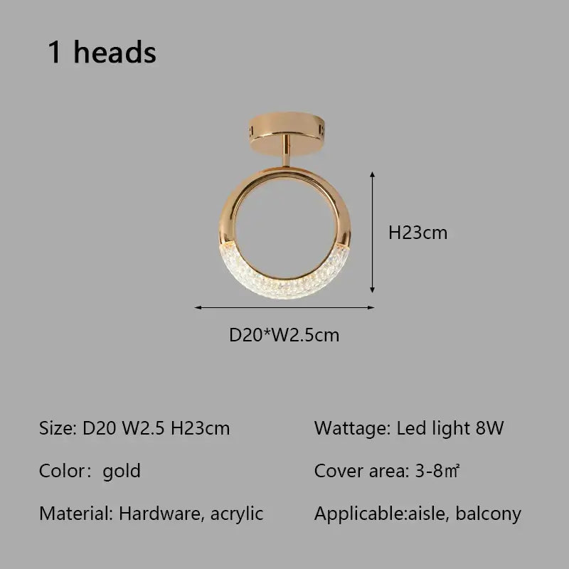 Modern gold ceiling light with circle ring led design and embedded crystal accents for bedroom illumination