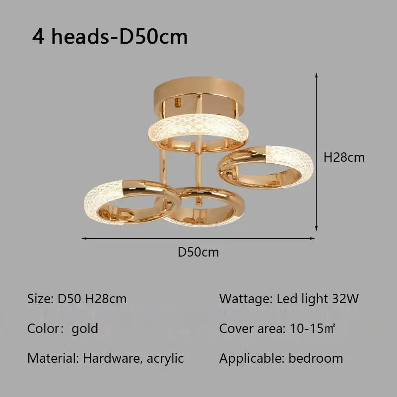 Modern gold ceiling light with four interlocking circle ring led made of hardware and acrylic for bedroom use