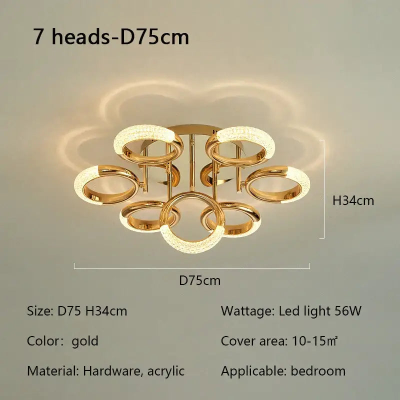Modern gold crystal circle ring led ceiling light with seven acrylic and hardware heads for bedroom lighting