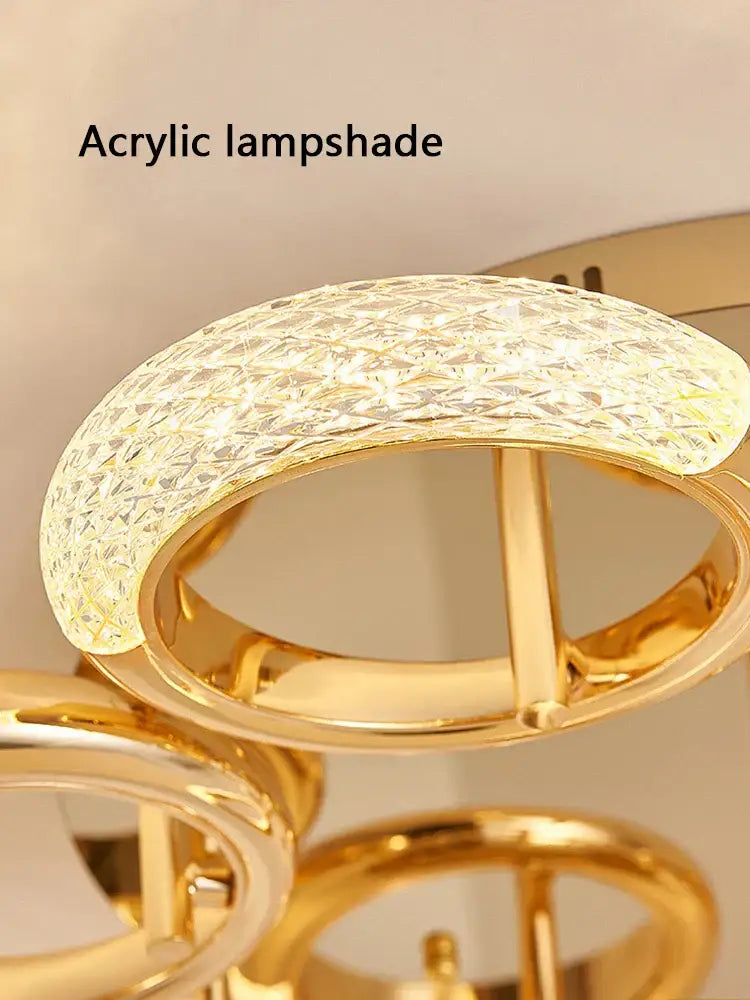 Modern gold crystal circle ring led ceiling light with gold-toned chandelier and faceted acrylic lampshade