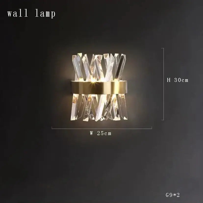 Modern gold-toned wall lamp with clear crystal prisms in a geometric pattern for decorbites crystal circular staircase chandelier