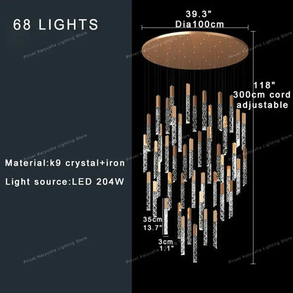 Modern gold crystal circular staircase chandelier with 68 led lights crafted from k9 crystal and iron for villa foyer decorbites crystal circular
