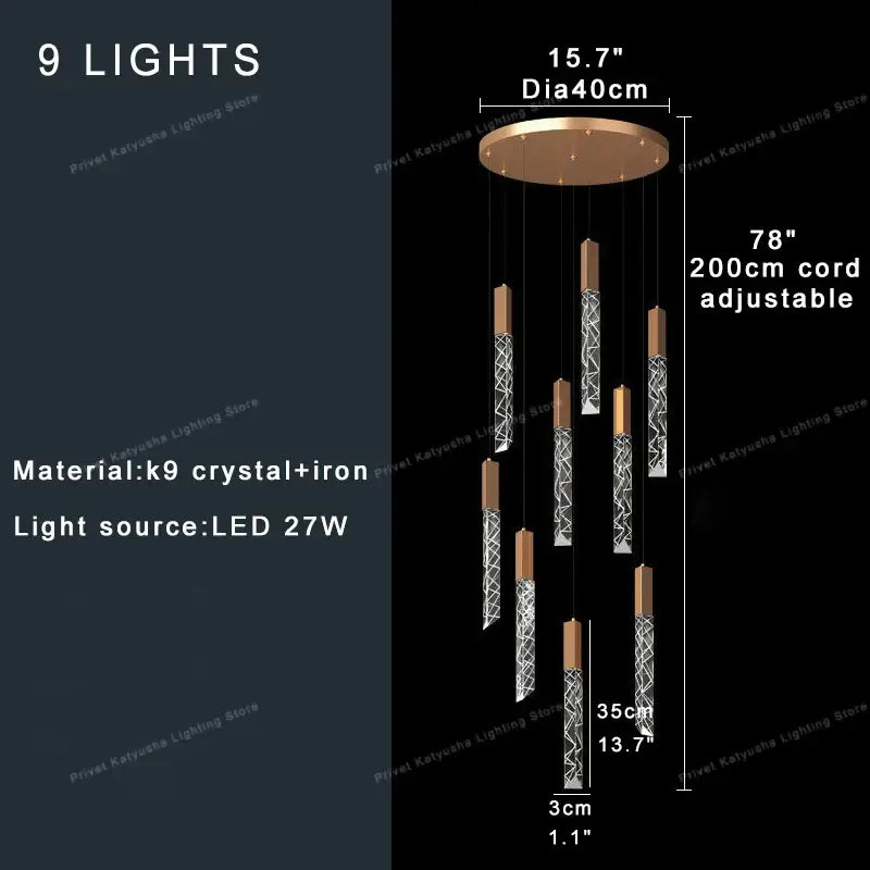 Modern gold crystal circular staircase chandelier with copper-toned nine crystal-iron pendant lights and adjustable led lighting